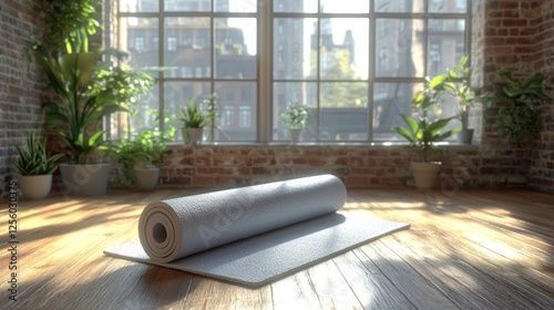 Rolled yoga mat in sunlit urban loft studio photo