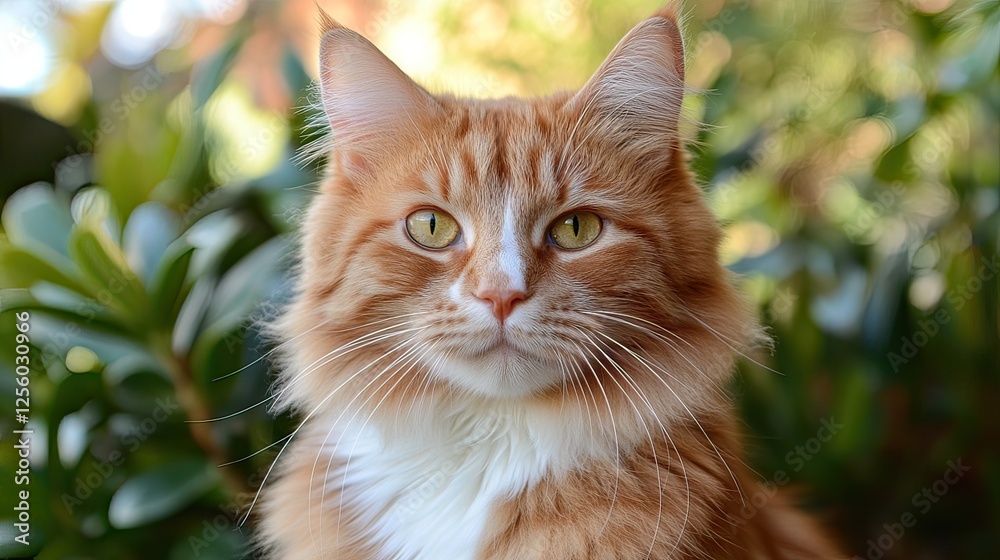 Fototapeta premium Orange cat portrait, garden, bokeh, pet, sunlight