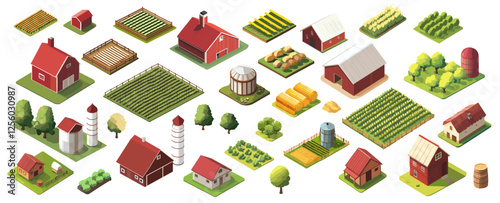 Isometric farm. Agricultural buildings barn hay garden beds harvest, three dimensional farmland infographic vector illustration