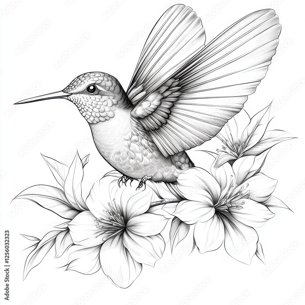 Fototapeta premium Elegant Hummingbird Illustration with Detailed Flowers and Delicate Features in Black and White Design