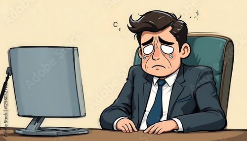 A Sad Businessman Crying at His Computer Desk, Feeling Overwhelmed by Work Stress and Pressure
