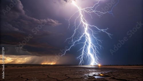 Epic Lightning Strike over Desert Landscape Dramatic Composition, Night Photography, Weather Phenomenon lightning photography, storm photography photo