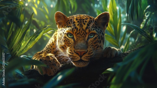 Leopard jungle foliage sunlit branch wildlife poster photo