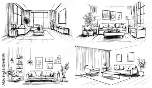 Living room interior. Sketch apartment indoor furniture sofa couch lamp bookshelf carpet, hand drawn cosy interior set vector illustration