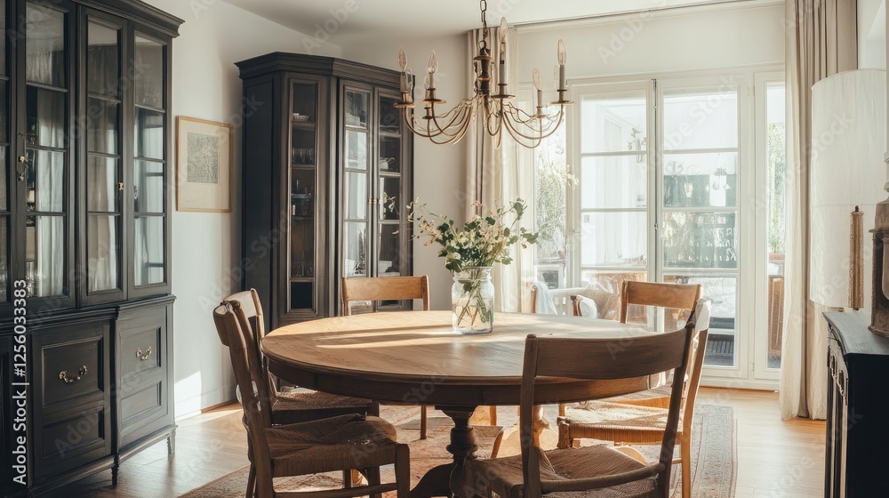 Timeless dining area with a round wooden table, antique chairs, and a vintage-style chandelier Timeless dining area with a round wooden table, antique chairs, and a vintage-style chandelier