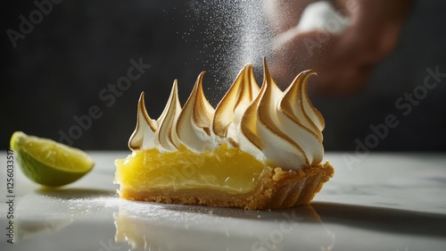  Slice Of Lemon Meringue Tart Lifted From Whole, Glossy Lemon Curd Stretching, Golden Crust Crisp, Caramelized Meringue Peaks, Powdered Sugar Falling, Styled On White Marble For Elegant Dessert Photog photo