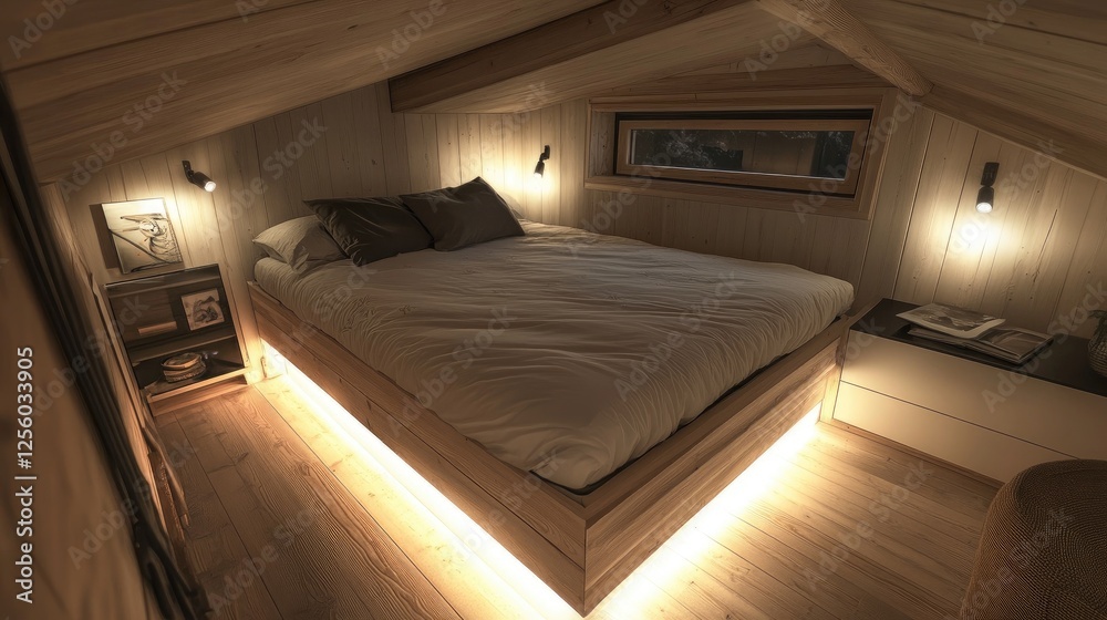 Tiny home bedroom loft with a low-profile mattress, under-bed storage, and soft lighting for a cozy yet space-saving design Tiny home bedroom loft with a low-profile mattress, under-bed storage, and soft lighting for a cozy yet space-saving design