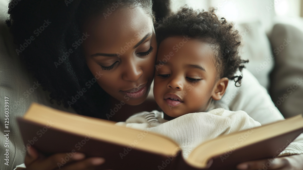 Obraz premium Family bonding on a sofa, book in hand, child listening intently, warmth and love radiating.