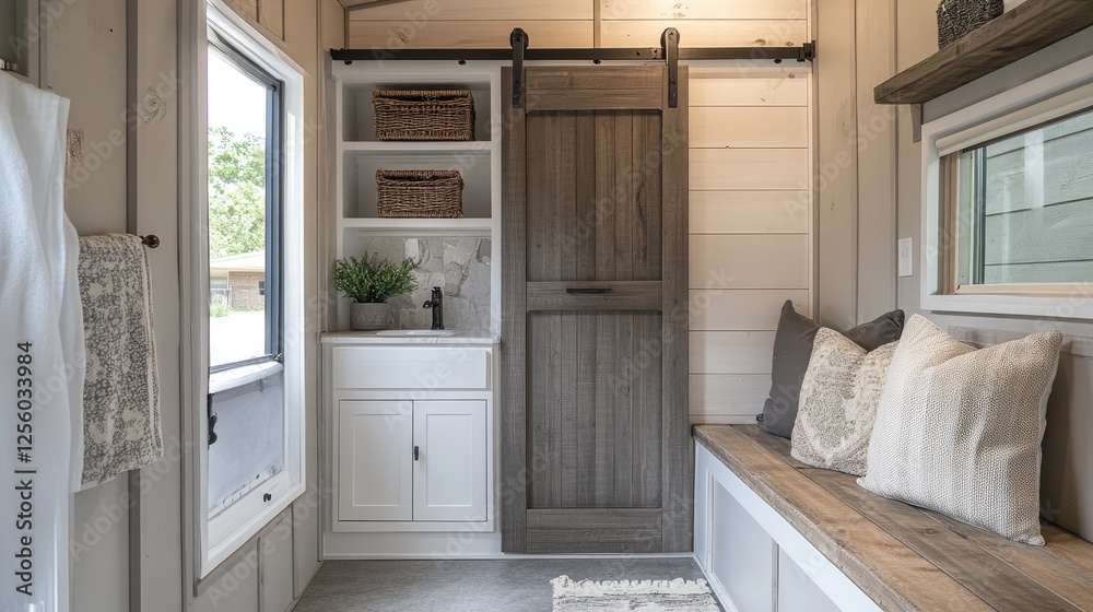 Fototapeta premium Tiny home design featuring a compact bathroom, sliding barn door, and a built-in bench with hidden storage