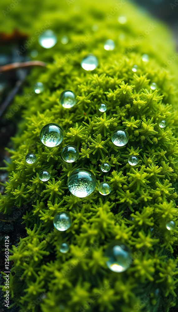 water drops on green moss, doodle art. with white shades water drops on green moss, doodle art. with white shades