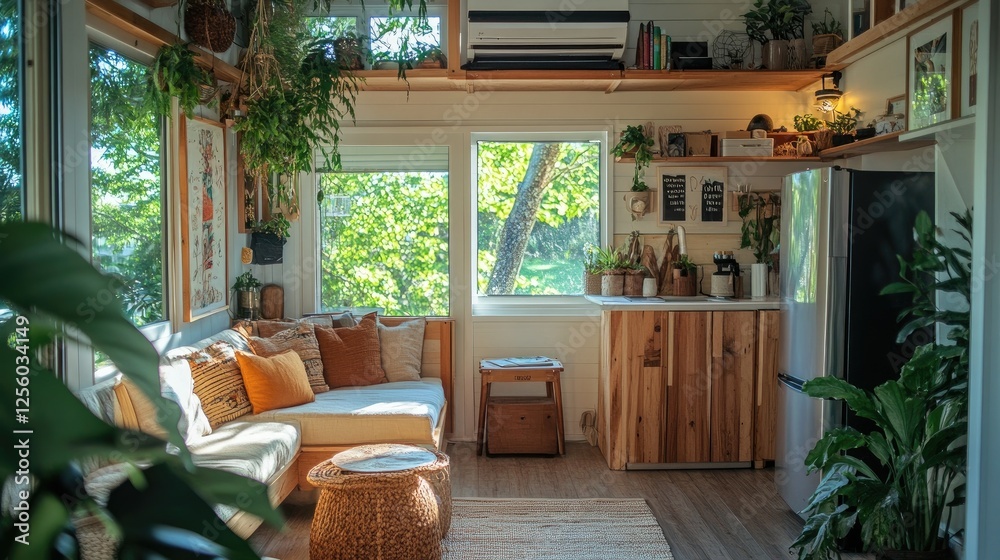Fototapeta premium Tiny home eco-friendly living area with multifunctional furniture, compostable decor items, and natural ventilation