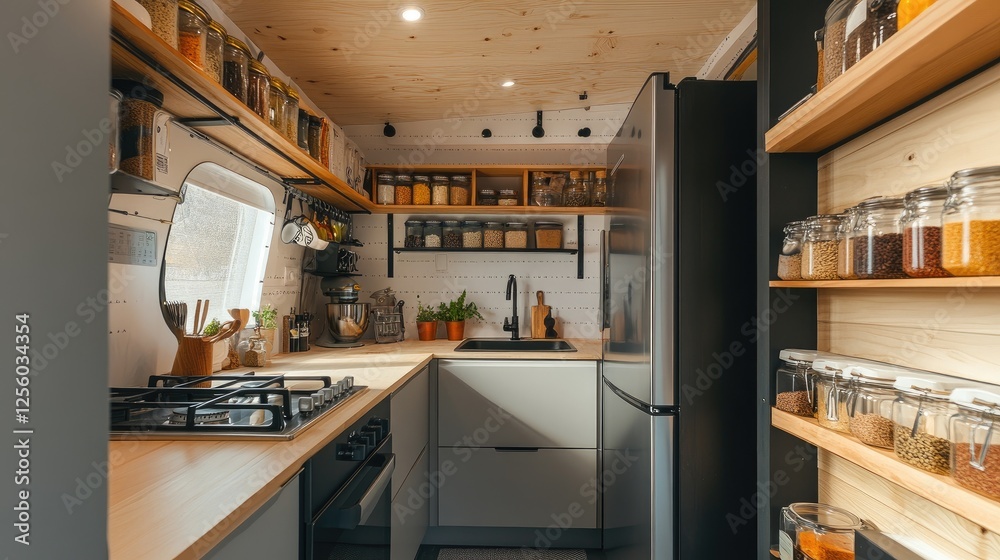 Tiny home kitchen layout with a two-burner stove, under-counter fridge, and wall-mounted spice racks to save space Tiny home kitchen layout with a two-burner stove, under-counter fridge, and wall-mounted spice racks to save space