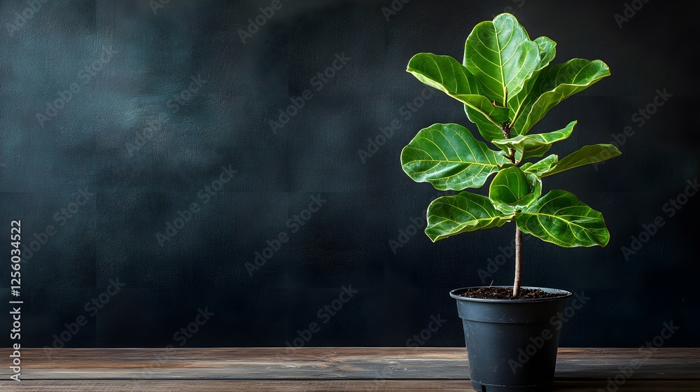 Small plant in black pot with fiddle leaf fig tree in sleek black pot on white background Small plant in black pot with fiddle leaf fig tree in sleek black pot on white background