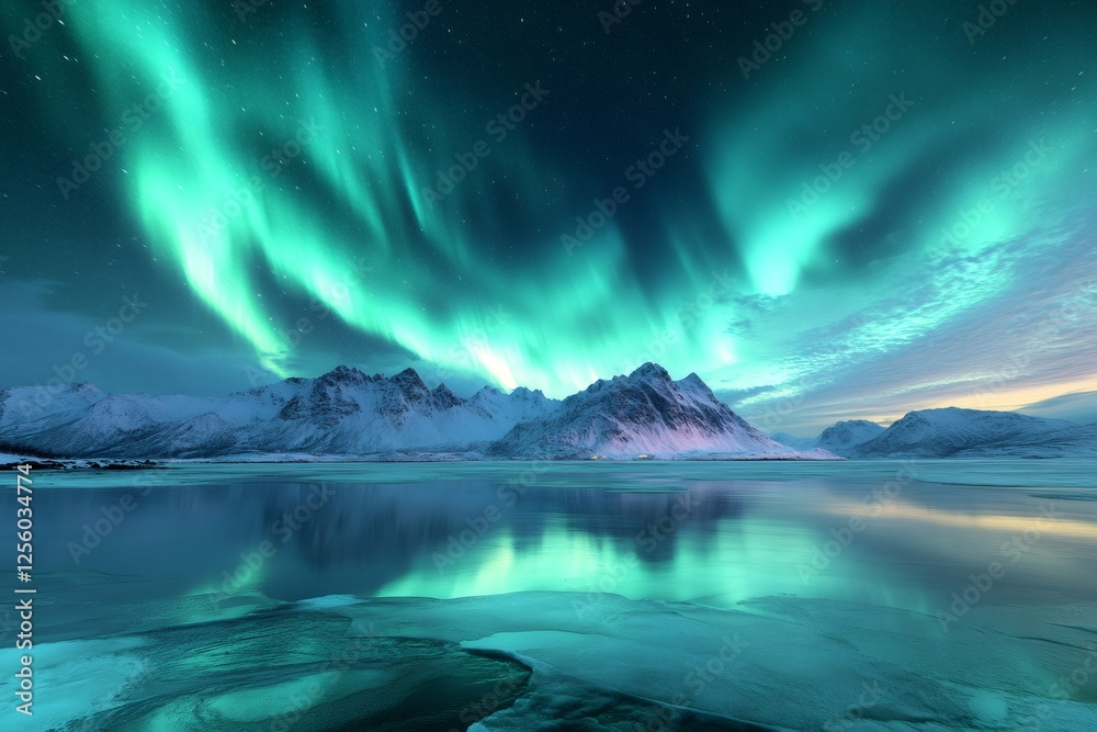 Fototapeta premium Stunning northern lights over snowy mountain range