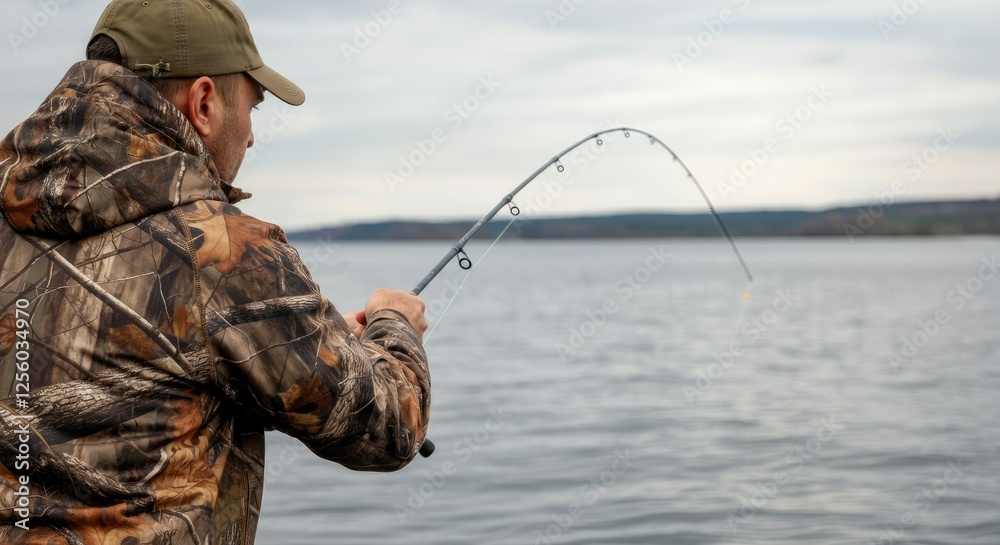 Man fishing in lake, wearing camouflage jacket and green cap on cloudy day Man fishing in lake, wearing camouflage jacket and green cap on cloudy day