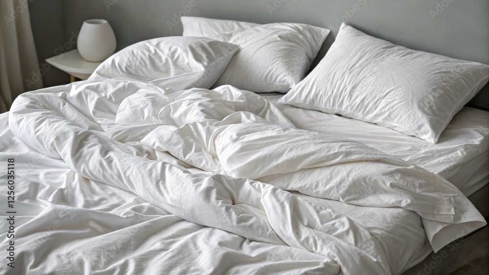 Unmade Bed White Linen, Wrinkled Texture, Calm Concept, Bedroom Decor, Cozy Vibe, Bedding bedding, linen Unmade Bed White Linen, Wrinkled Texture, Calm Concept, Bedroom Decor, Cozy Vibe, Bedding bedding, linen