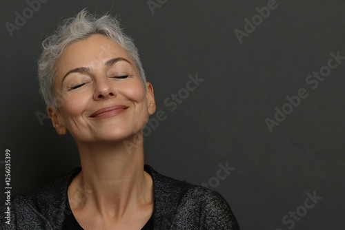 Smile, eyes closed and skincare of mature woman in studio for glow, results or beauty on gray background. Face, happy and model in natural cosmetics for dermatology, anti aging and aesthetic at spa
