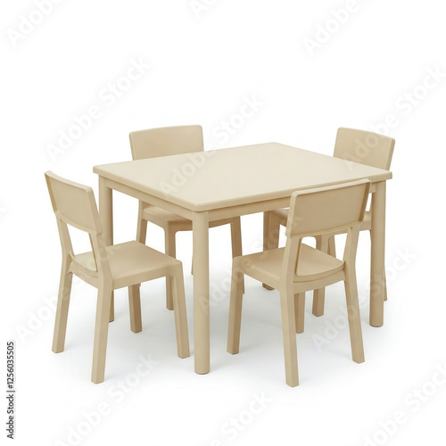 Beige Plastic furniture, chair, table, stool on the white background