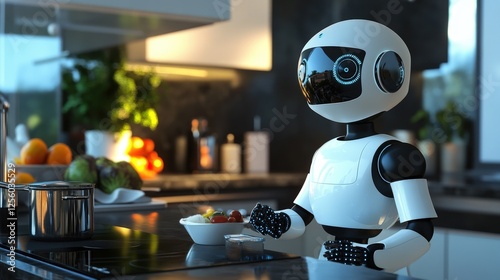 A robot is standing in a modern kitchen next to a bowl of fruit on a counter. The robot has a sleek design with a screen on its chest and is positioned near a window with sunlight streaming in.