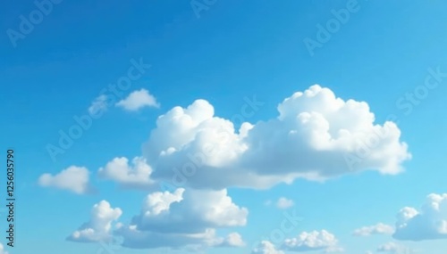 A few puffy white clouds in the bright blue sky, puffy, white