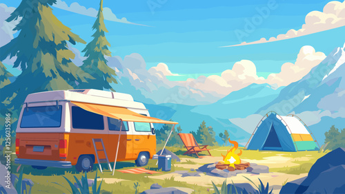 Summer camp. Mountain landscape with tent forest campfire van, adventure hiking scene vector illustration