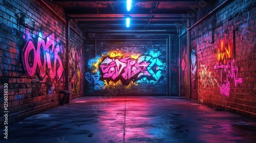 Colorful graffiti illuminated by neon lights in urban alleyway at night