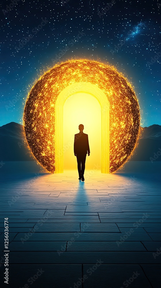 Obraz premium Emotional intelligence mastery concept A figure entering a glowing, mystical doorway.