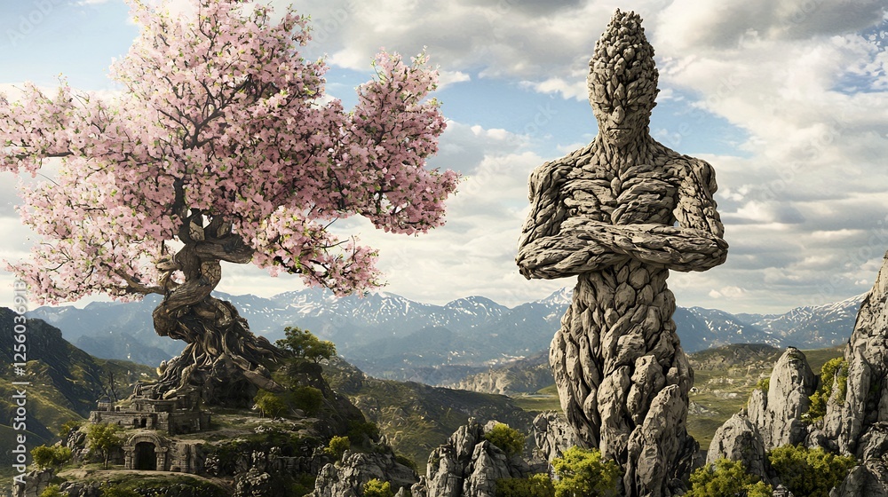 Obraz premium A surreal landscape featuring a stone statue, a blossoming tree, and a mountainous background