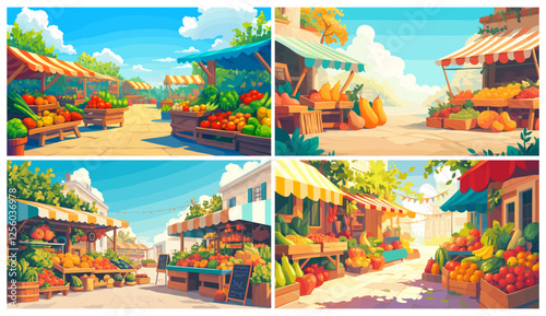 Vegetable market landscape. Cartoon farm scene fruit stands stalls with organic fresh food vector illustration