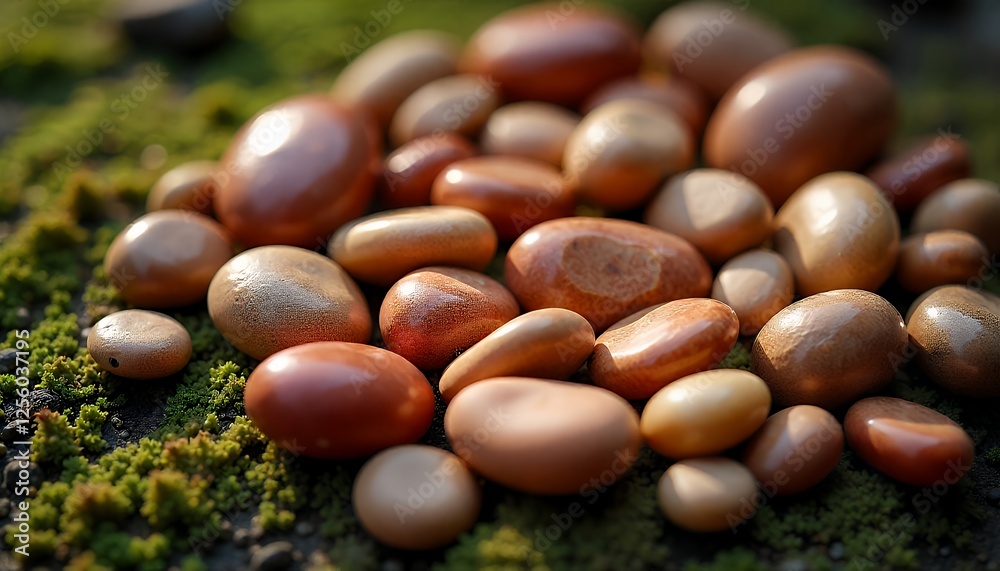 Smooth Stones Arranged on Mossy Surface for Spa or Meditation Background Smooth Stones Arranged on Mossy Surface for Spa or Meditation Background