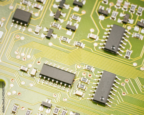Close up View of a Circuit Board with Microchips and Components