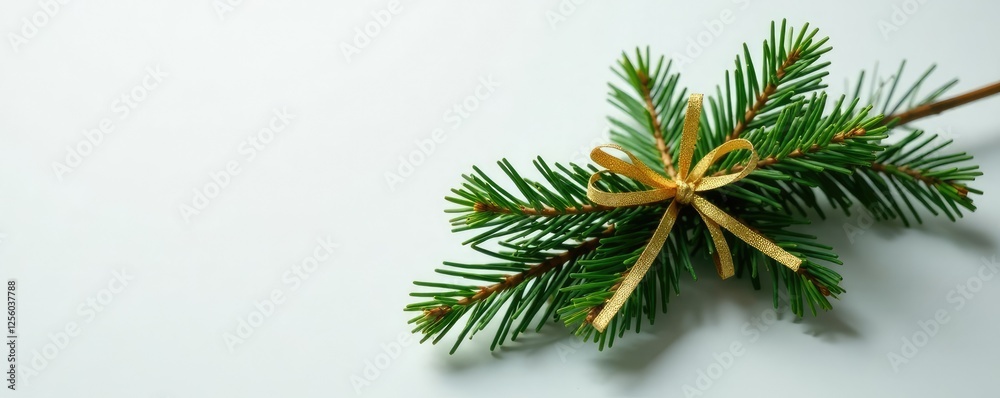 Obraz premium A sprig of evergreen fir branches is wrapped in golden garland and tied with a ribbon, evergreen, greenery, holiday