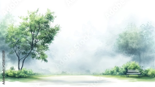 Enigmatic fogshrouded bench in a serene park, tranquil nature's embrace photo