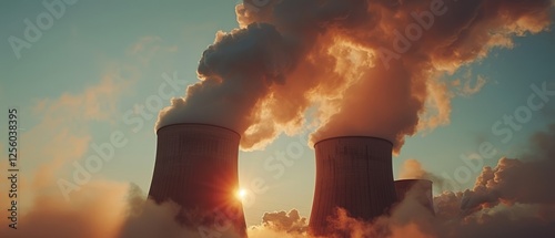 A dramatic view of nuclear power plant cooling towers releasing thick steam, illuminated by the warm hues of a golden sunset. The industrial structures contrast with the sky photo