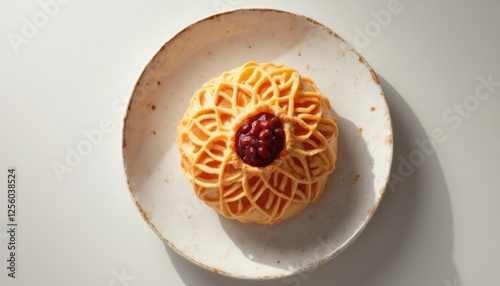 Intricate lattice pie with sweet filling on a textured ceramic plate photo