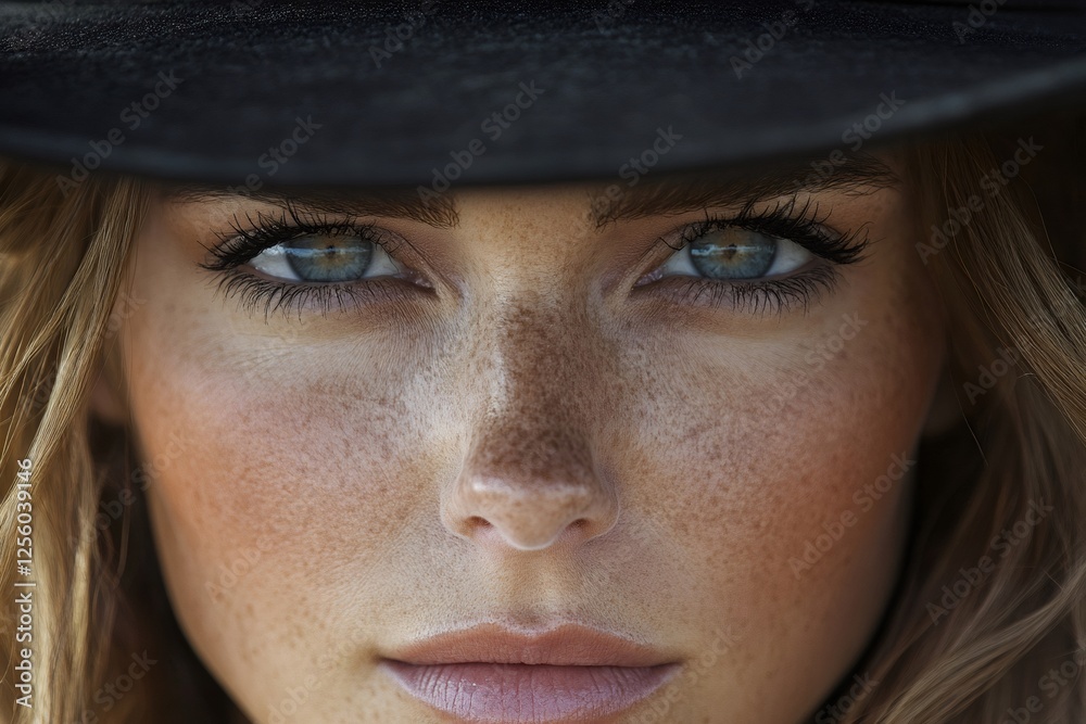 Close up portrait of freckled model wearing black hat Close up portrait of freckled model wearing black hat