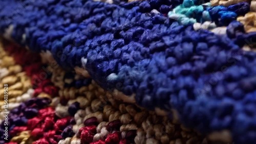 Close-up of a richly textured woven textile with red, blue, beige, and purple threads.