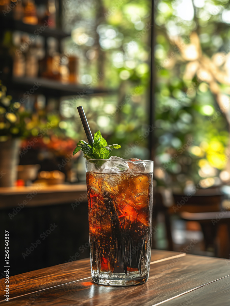 Refreshing dark soda cocktail with ice and mint in a modern bar setting Refreshing dark soda cocktail with ice and mint in a modern bar setting