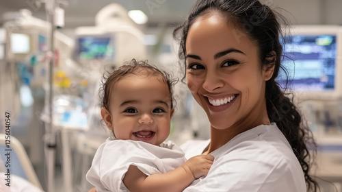 Happy nurse with patient, light hospital room, positive energy.