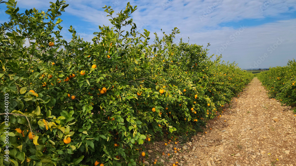 An orchard of the Meyer lemon, is a hybrid citrus fruit between a citron and a mandarin-pomelo hybrid in Medietrranean region in February An orchard of the Meyer lemon, is a hybrid citrus fruit between a citron and a mandarin-pomelo hybrid in Medietrranean region in February