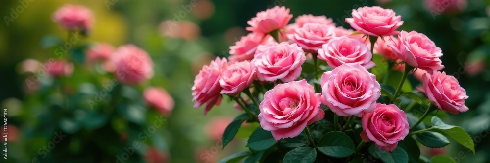 Densely packed pink roses on a compact rose bush with lush greenery, floral, foliage, bush Densely packed pink roses on a compact rose bush with lush greenery, floral, foliage, bush
