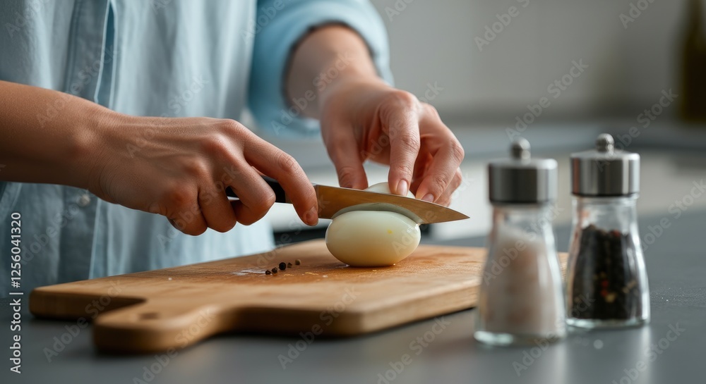 Person slicing boiled egg on wooden board with knife Person slicing boiled egg on wooden board with knife