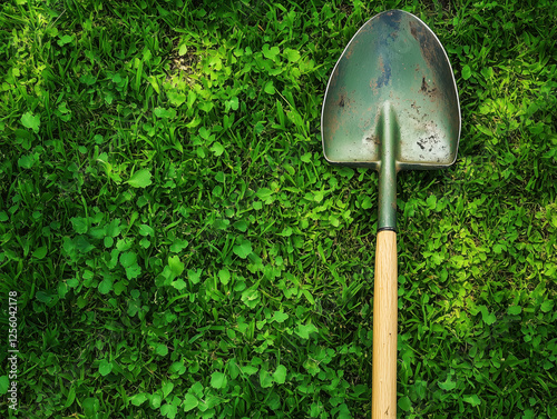 Gardening shovel lying on green grass ready for planting
