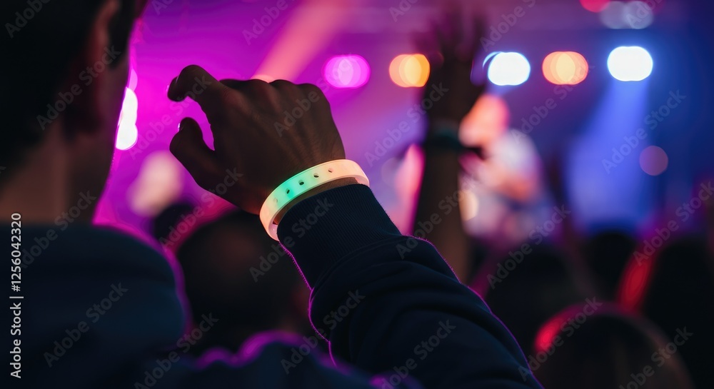 Crowd enjoying music concert, person wearing neon wristband raises hand Crowd enjoying music concert, person wearing neon wristband raises hand