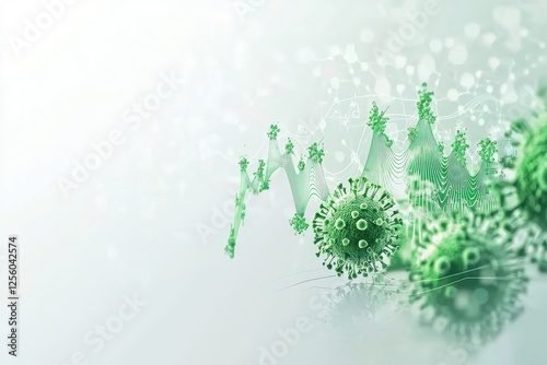 A stylized depiction of microorganisms, featuring green virus-like structures against a soft, light background, creating a dynamic, abstract visual effect.
