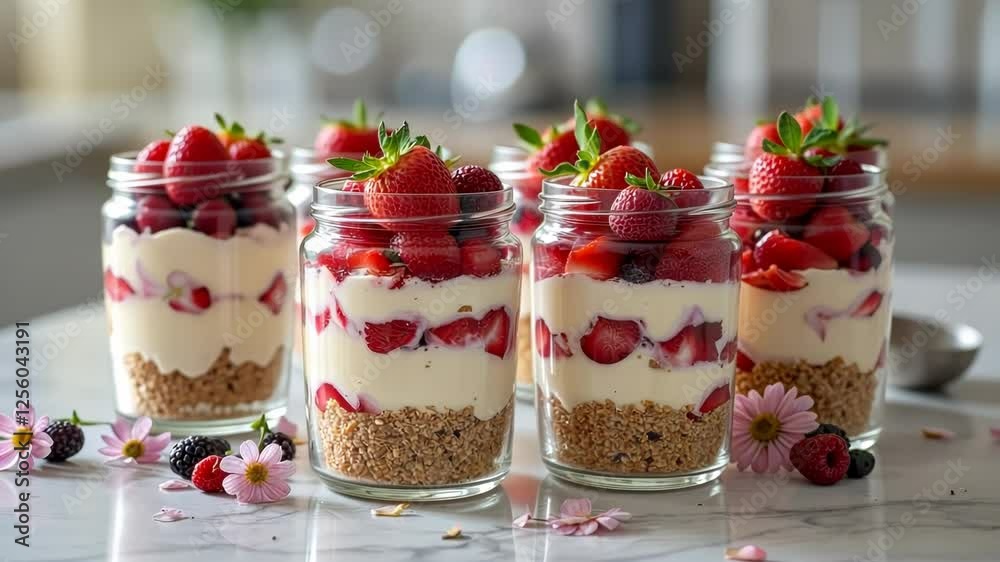  Fruit parfaits in glass jars with layers of cream fruit and granola creating a dreamy and romantic backdrop suitable for love and celebration themes