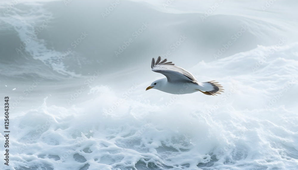 Seagull in Flight Over a Stormy Ocean Scene, Cloudy Skies Seagull in Flight Over a Stormy Ocean Scene, Cloudy Skies