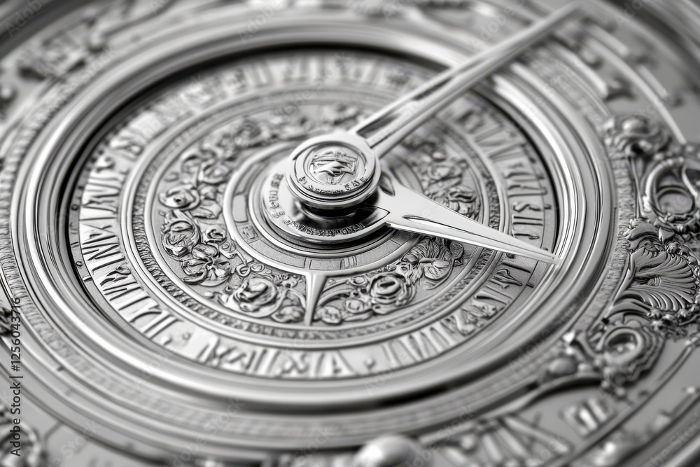 Ornate Silver Clock Face with Intricate Detail and Elegant Clock Hands Capturing Time and Craftsmanship Ornate Silver Clock Face with Intricate Detail and Elegant Clock Hands Capturing Time and Craftsmanship