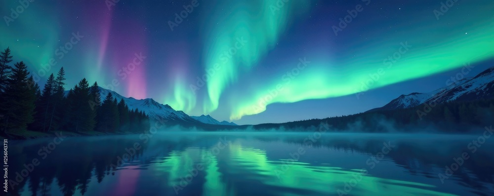 Naklejka premium Glittering aurora borealis above a misty lake, water, night sky