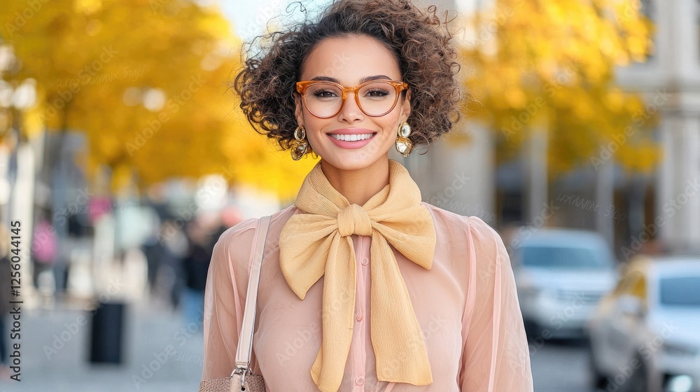 Fototapeta premium Smiling woman autumn city street portrait